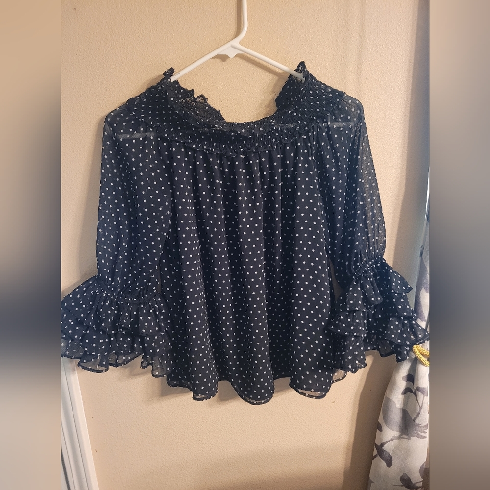 Cece Womens Polka Dot Ruffle Sleeve Top Petite Small